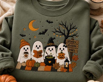 Moletom de Halloween com Fantasma Bordado, Moletom Gola Redonda para a Temporada Assustadora, Suéter com Vibrações de Outono