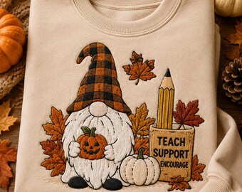 Moletom de Halloween para Professora, Blusa de Moletom com Bordado de Gnomo de Outono, Camiseta de Professora com Abóbora, Presente Fofo de Outono para Professora, Roupa Escolar Assustadora