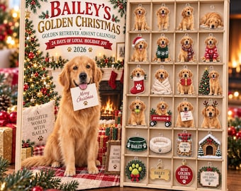 Gepersonaliseerde adventskalender met Golden Retriever-afbeelding 2026, 24 houten of acryl bedeltjes, kerstcadeau met gepersonaliseerde foto van uw huisdier voor hondenliefhebbers