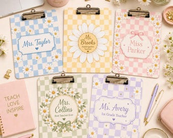 Personalized Teacher Acrylic Clipboard, Custom Name Daisy Clipboard, Checkered Classroom Supplies, Teacher Appreciation Gift