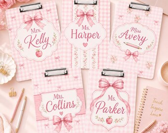 Personalized Teacher Acrylic Clipboard, Custom Teacher Name Clipboard, Pink Bow Teacher Gift, Gingham Floral Classroom Supplies