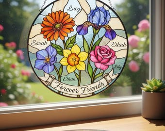 Gepersonaliseerde zonnebloem en roos Suncatcher – Vriendschapscadeau glas-in-lood