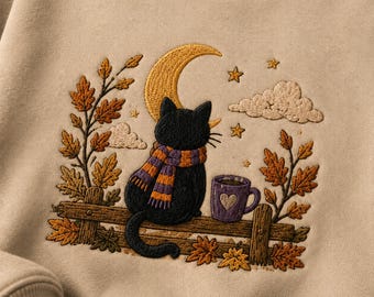 Moletom de Halloween com Gato Preto, Blusa de Moletom Bordada com Gato para o Outono, Camiseta Aconchegante com Estampa de Lua de Outono, Presente Perfeito para Amantes de Gatos na Temporada Assustadora