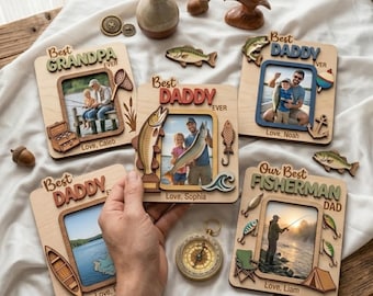 Personalized Fishing Father's Day Magnet Photo Frame Gift for Dad Grandpa Papa, Custom Wooden Picture Frame, Father's Day Keepsake