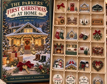 Gepersonaliseerde adventskalender voor de eerste kerst in het nieuwe huis 2026, met 24 acryl huisjes als bedeltjes, een leuk cadeau voor een kersvers stel.