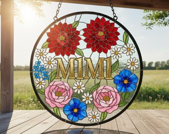 Custom  Floral Glass Suncatcher for Gigi, Grandma Mimi Nana Floral Window Decor Gift, Grandma's Garden Suncatcher
