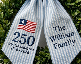 Banda personalizada bordada de Estados Unidos 250, lazo de corona USA 250, decoración del 4 de julio de 2026, 250 aniversario de Estados Unidos, decoración del Día de la Independencia.