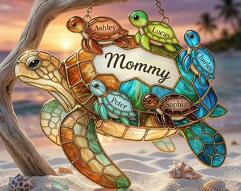 Apanhador de Sol Personalizado em Acrílico com Tartaruga Marinha para a Vovó, Presente para a Família Tartaruga para a Vovó, Presente Personalizado com Nome para a Vovó, Presente para o Dia das Mães