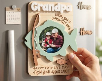 Personalisierter Fischen-Vatertagsmagnet-Fotorahmen-Geschenk für Vati-Großvater-Papa, kundenspezifischer hölzerner Bilderrahmen, Vatertags-Andenken