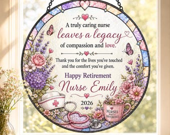 Personalized Nurse Retirement Suncatcher, Retirement Gift for Women, Floral Stained Glass Style Gift, Coworker Farewell Gift