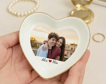Porta joyas con foto personalizada: recuerdo de pareja, regalo de San Valentín para ella, bandeja para anillos de aniversario, decoración romántica para el hogar.