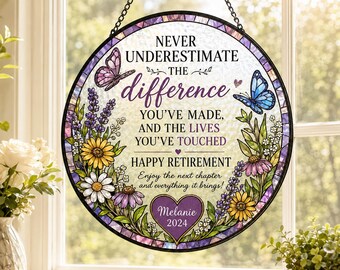Personalized Retirement Suncatcher, Retirement Gift for Women, Floral Stained Glass Style Gift, Coworker Farewell Gift