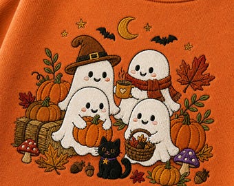 Moletom bordado com fantasma de outono, blusa de gola redonda fofa de Halloween, camiseta com estampa de abóbora, suéter de fantasma de outono, presente para a temporada assustadora.
