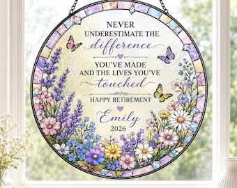 Personalized Retirement Suncatcher, Retirement Gift for Women, Floral Stained Glass Style Gift, Coworker Farewell Gift