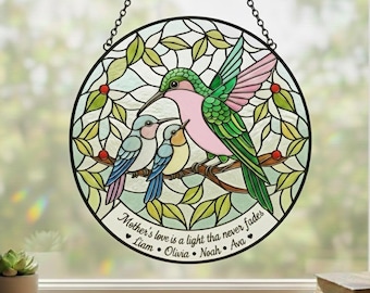 Personalisiertes Muttergeschenk, kundenspezifische Mutter & Baby-Kolibris Suncatcher, Glasmalerei-Fensterdekor