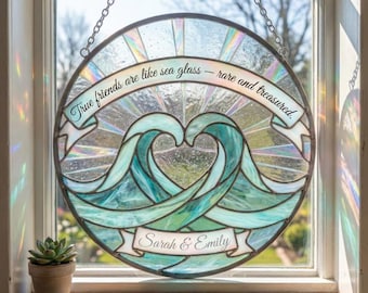 Personalisierter Seeglas Suncatcher, Buntglas Herz Wave, Geschenk für wahre Freunde