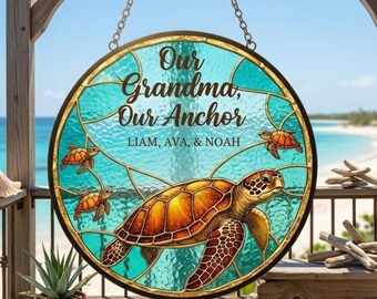 Vitral personalizado com família de tartarugas marinhas, presente para a vovó com nome personalizado das crianças, vitral com tartaruga marinha, decoração de janela com tema oceânico.