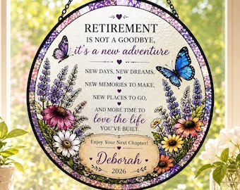 Personalized Retirement Suncatcher, Retirement Gift for Women, Floral Stained Glass Style Gift, Coworker Farewell Gift