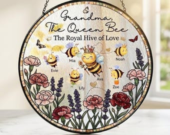 Presente personalizado para a vovó, enfeite de janela "Vovó Abelha Rainha", presente personalizado para a vovó, enfeite com o nome da família "Abelha", presente para o Dia das Mães para a vovó.
