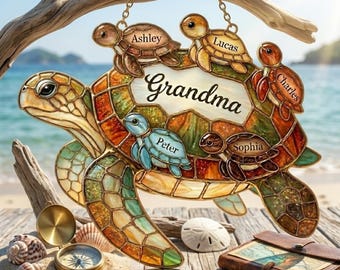 Apanhador de Sol Personalizado em Acrílico com Tartaruga Marinha para a Vovó, Decoração de Janela com Nomes da Família Personalizados, Presente para o Dia das Mães