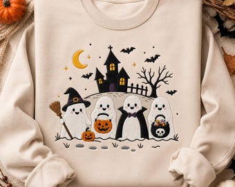 Moletom de Halloween com estampa de fantasma, bordado fofo, casa assombrada e abóbora, presente perfeito para a temporada assustadora.