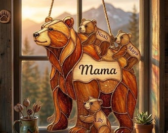 Apanhador de Sol Personalizado em Acrílico da Vovó Ursa, Apanhador de Sol Personalizado da Mamãe Ursa, Apanhador de Sol da Família Urso, Presente para a Mãe, Dia das Mães, Aniversário