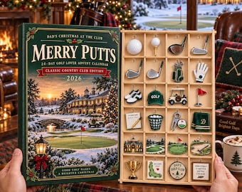 Golf Adventskalender 2026, 24 houten of acryl golfbedeltjes met displaybakje, kerstcadeau voor papa, cadeau voor golfende echtgenoot