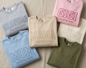 Moletom personalizado bordado para a vovó com os nomes dos filhos, camiseta personalizada para a mamãe, camiseta GIGI, presente para o Dia das Mães