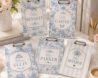 Personalized Teacher Acrylic Clipboard, Custom Teacher Name Clipboard, Blue Toile Floral Classroom Supplies, Teacher Appreciation Gift