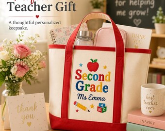 Personalisierte gestickte Lehrer-Einkaufstasche, benutzerdefinierte Lehrer-Namenstasche, zurück zu Schulgeschenk, Lehrer-Anerkennungsgeschenk