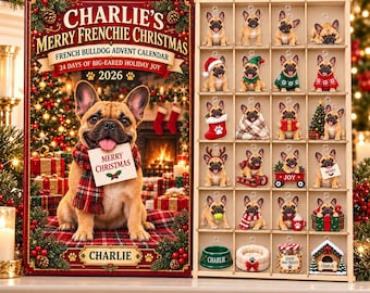 Gepersonaliseerde adventskalender met Franse bulldog voor 2026, 24 houten of acryl bedeltjes, kerstcadeau voor een Franse bulldog, aandenken voor hondenliefhebbers