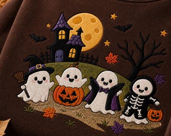 Moletom bordado de Halloween, gola redonda com fantasma fofo, camiseta de casa assombrada, moletom para a temporada assustadora, presente de fantasma de Halloween