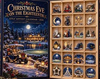 Golf Kerst Adventskalender 2026, 24 acryl bedeltjes met houten displaybakje, aftelcadeau voor golfliefhebbers