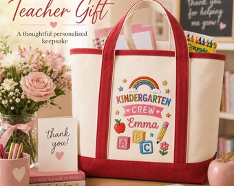 Personalisierte gestickte Lehrer-Einkaufstasche, benutzerdefinierte Lehrer-Namenstasche, zurück zu Schulgeschenk, Lehrer-Anerkennungsgeschenk, Kindergärtnerin