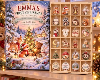 Gepersonaliseerde adventskalender voor de eerste kerst van je baby in 2026, met 24 houten of acryl bedeltjes, een leuk aandenken voor pasgeborenen met bosdieren.