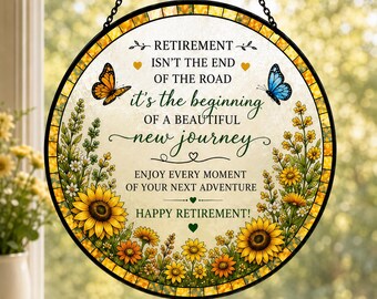 Personalized Retirement Suncatcher, Retirement Gift for Women, Floral Stained Glass Style Gift, Coworker Farewell Gift