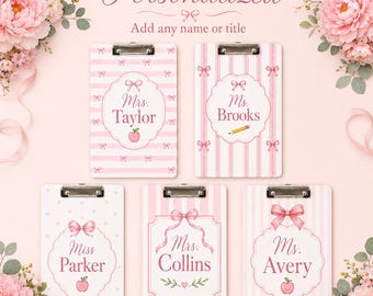 Personalized Teacher Acrylic Clipboard, Custom Teacher Name Clipboard, Pink Bow Teacher Gift, Striped Style Classroom Supplies