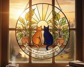 Personalized Cat Suncatcher – Stained Glass Style Cat Couple Window Decor