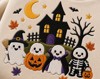 Moletom bordado de Halloween, gola redonda com fantasma fofo, camiseta de casa assombrada, moletom para a temporada assustadora, presente de Halloween com abóbora