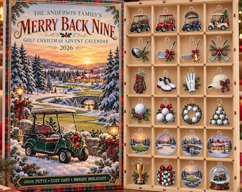 Gepersonaliseerde golf-adventskalender voor het hele gezin 2026, 24 acryl bedeltjes met houten dienblad, kerstcadeau voor een golffamilie