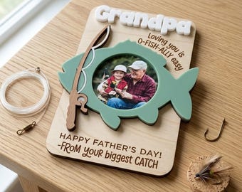 Personalisierter Fischen-Vatertagsmagnet-Fotorahmen-Geschenk für Vati-Großvater-Papa, kundenspezifischer hölzerner Bilderrahmen, Vatertags-Andenken