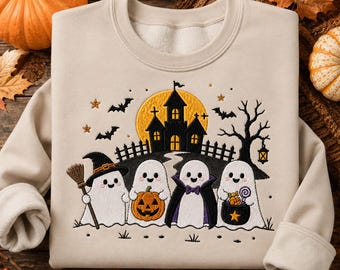Moletom bordado de Halloween, gola redonda com fantasma e abóbora fofos, camiseta temática de casa assombrada para a temporada assustadora.