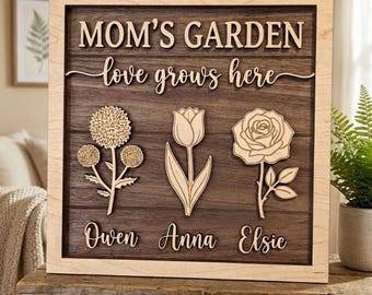 Personalisierte Mom Garten Holzschild, Geburtsblume Name Kunst