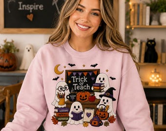 Moletom de Halloween para Professor(a), Blusa de Moletom com Fantasma Bordado para Professor(a), Camiseta "Ensine, Travessura, Repita", Presente Assustador para Professor(a), Roupa de Outono para Sala de Aula
