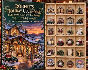 Gepersonaliseerde adventskalender voor golfliefhebbers 2026, 24 acryl bedeltjes met houten displaybakje, kerstcadeau met eigen naam