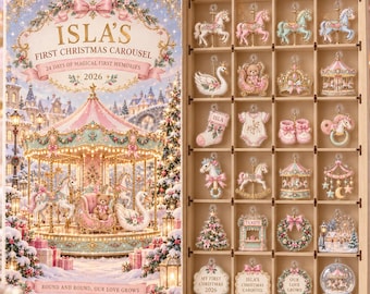 Gepersonaliseerde adventskalender voor de eerste kerst van een babymeisje (2026), met 24 houten of acryl carrouselbedeltjes, een leuk aandenken voor de pasgeborene.