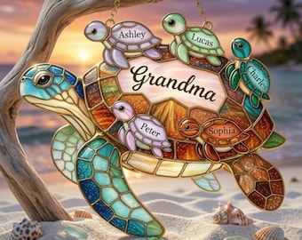 Apanhador de Sol Personalizado em Acrílico com Tartaruga Marinha para a Vovó, Decoração de Janela com Nomes da Família Personalizados, Presente para o Dia das Mães