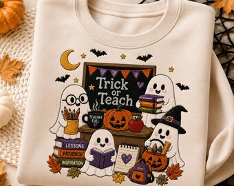 Moletom de Halloween para Professor(a), Blusa de Moletom com Fantasma Bordado para Professor(a), Camiseta "Ensine, Travessura, Repita", Presente Assustador para Professor(a), Roupa de Outono para Sala de Aula
