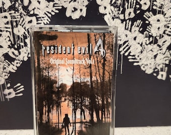 May include: A cassette tape case with a black and white image of a forest with a figure walking in the distance. The text on the case reads "Resident Evil 4 Original Soundtrack Vol. 1".