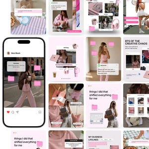 May include: A collage of images with a pink and white aesthetic. The images include a phone displaying a social media post, a laptop, and various accessories. Text overlays include "Bare Blush", "Reminder", and "BTS OF THE CREATIVE CHAOS".